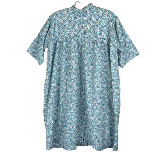 Women's House Dress Handmade Blue Floral Short Sleeve Midi Cottage Prairie - Picture 1 of 6